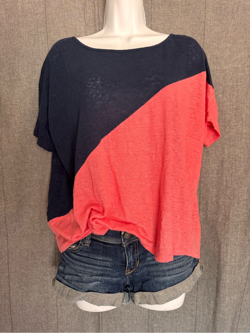 Women L Oversized 100% Linen Top Diagonal Colorblock Lightweight Short Sleeves
*